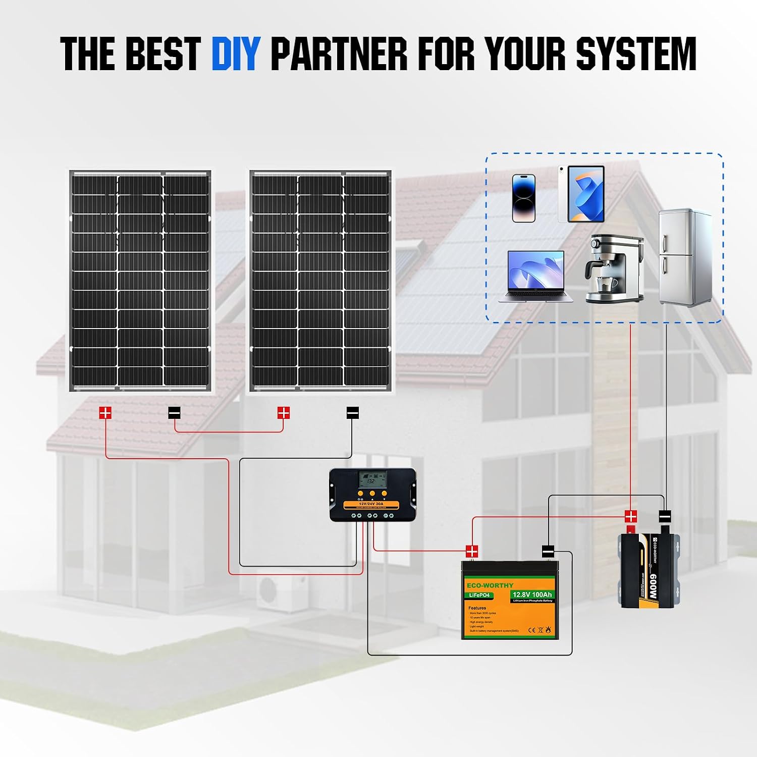 ECO-WORTHY 200 Watt Bifacial Solar Panel 2pcs 100 Watt Monocrystalline Solar Panel Module Off Grid PV Power for Home, Camping, Boat, Shed Farm, RV,12V/24V Battery