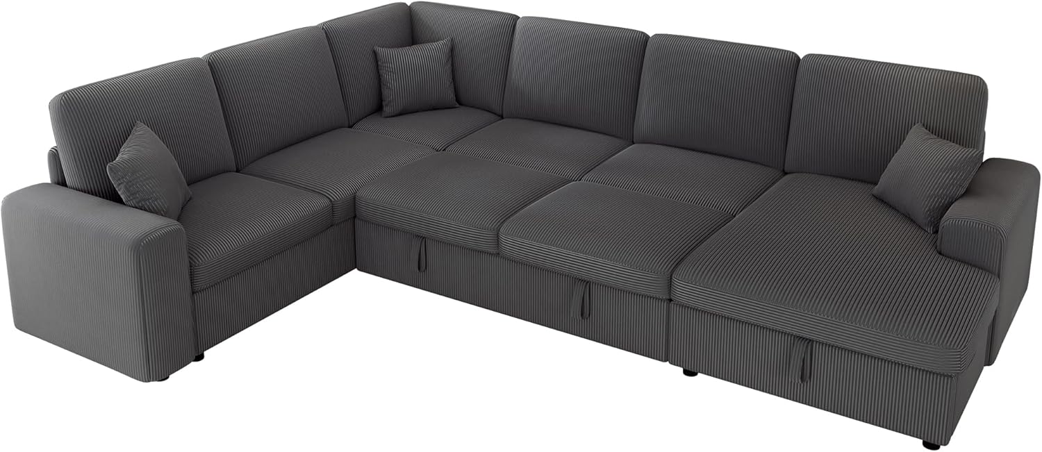 Jocisland 130' Sofa Bed, Sleeper Sofa, Pull Out Sleeper Couch with Storage, Convertible 6-Seater Sofa Bed for Living Room, Corduroy Grey