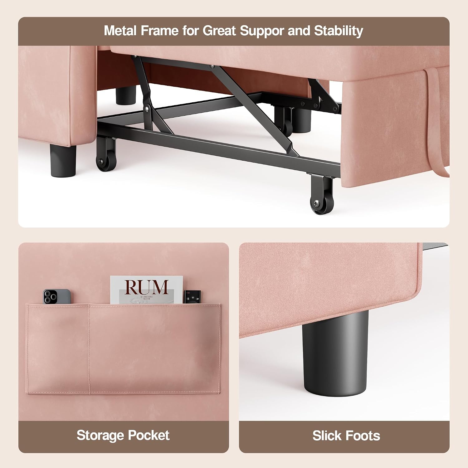 Ahomly Convertible Sleeper Chair Sofa Bed with 3-in-1 Design, Adjustable Backrest, and Storage Pocket for Living Room, Pink