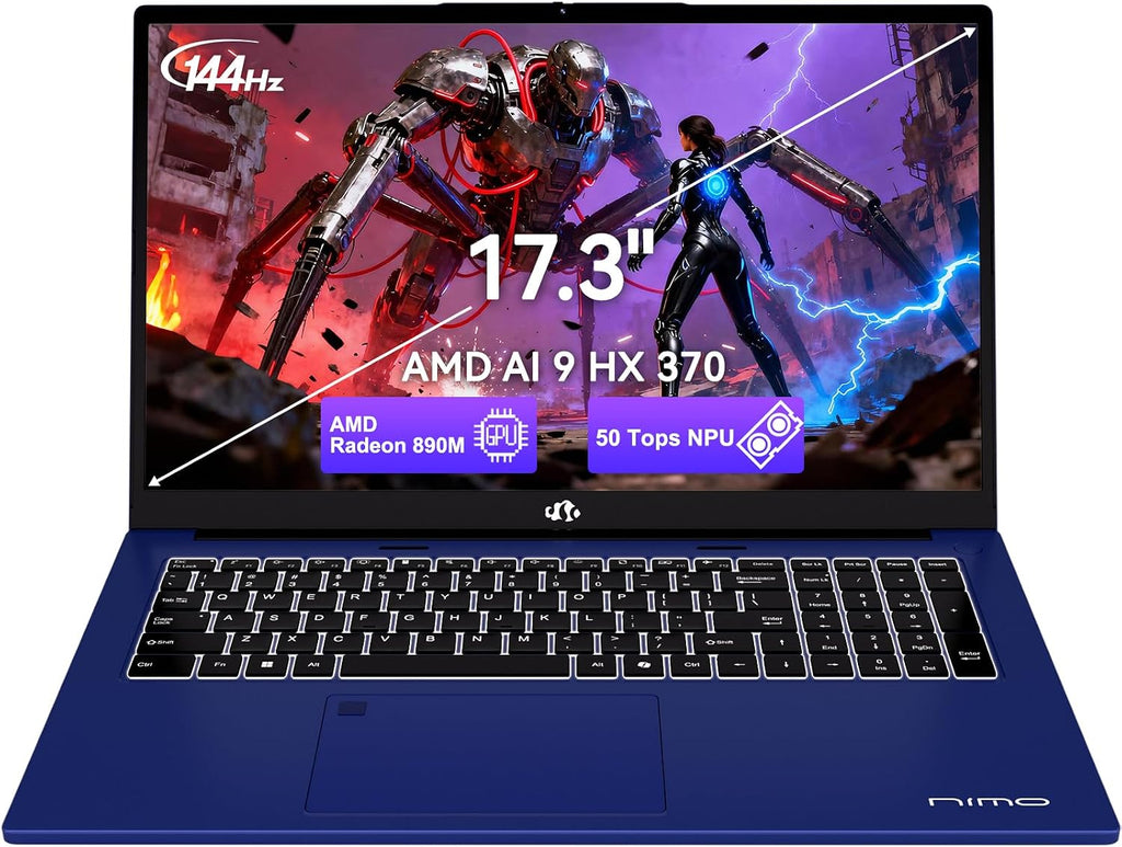 NIMO 17.3' AI Laptop, AMD Ryzen AI 9 HX 370(50 Tops NPU), Radeon 890M, 64GB RAM 4TB SSD, DDR5, 144Hz, PD 100W USB-C 4.0, Copilot+ PC AI Laptop with Wi-Fi 6E for Working Business Student