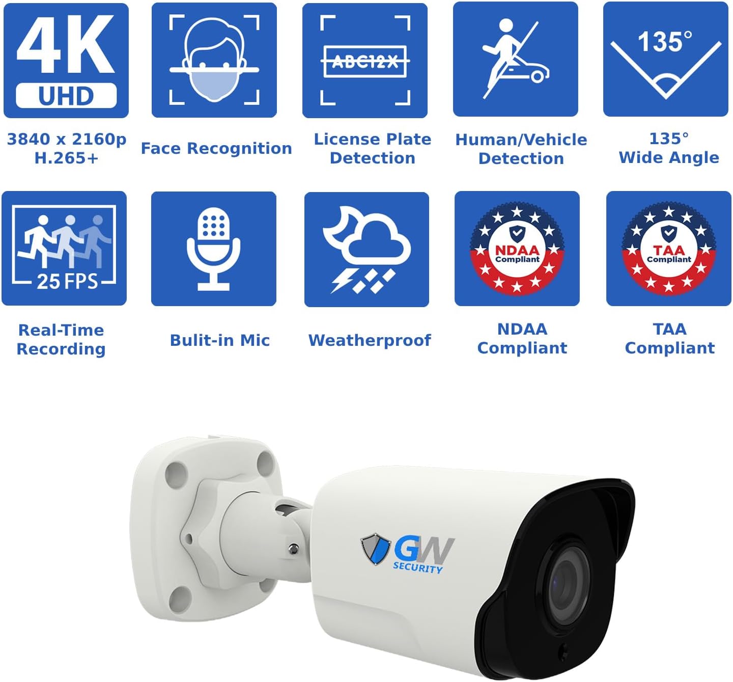 GW Security 8 Channel NVR UltraHD 4K Face Recognition NDAA & TAA Compliant Security Camera System with 4 x 8MP @25FPS Outdoor & Indoor PoE Bullet Cameras, 10 Smart AI Functions