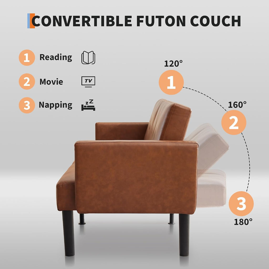 Garvee 75.5' Convertible Futon Sofa Bed, PU Leather Upholstered Futon Couch with Strong Legs, Mid Century Modern Sleeper Sofa, Comfy Loveseat for Living Room, Bedroom, Dorm, Brown