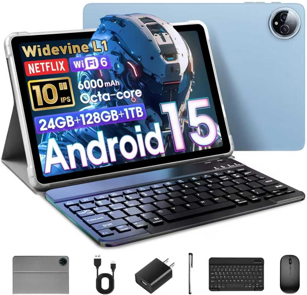 Raemond Android 15 Tablet 10 Inch, 24GB RAM+128GB ROM/1TB Expandable, 1.8GHz Octa-core CPU, 1280x800 IPS HD Display, WiFi 6, BT 5.4, 5+8MP Camera, 2 in 1 Tablets with Keyboard Case Mouse Stylus