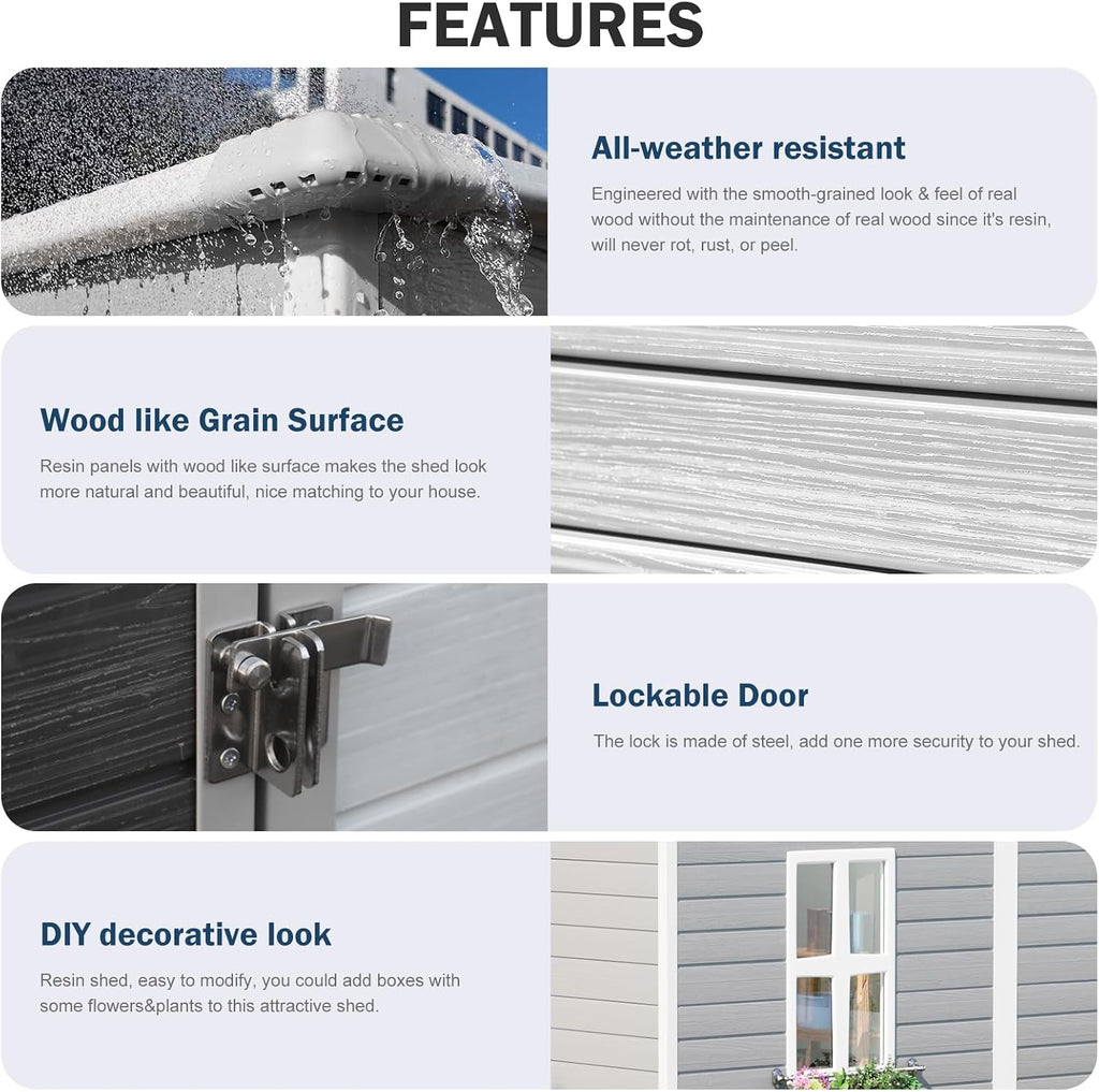 Restland 8x4 FT Resin Storage Shed with Floor Window for Outdoor Garden Waterproof Plastic Sheds Kit for Backyard Tool Storage, Gray
