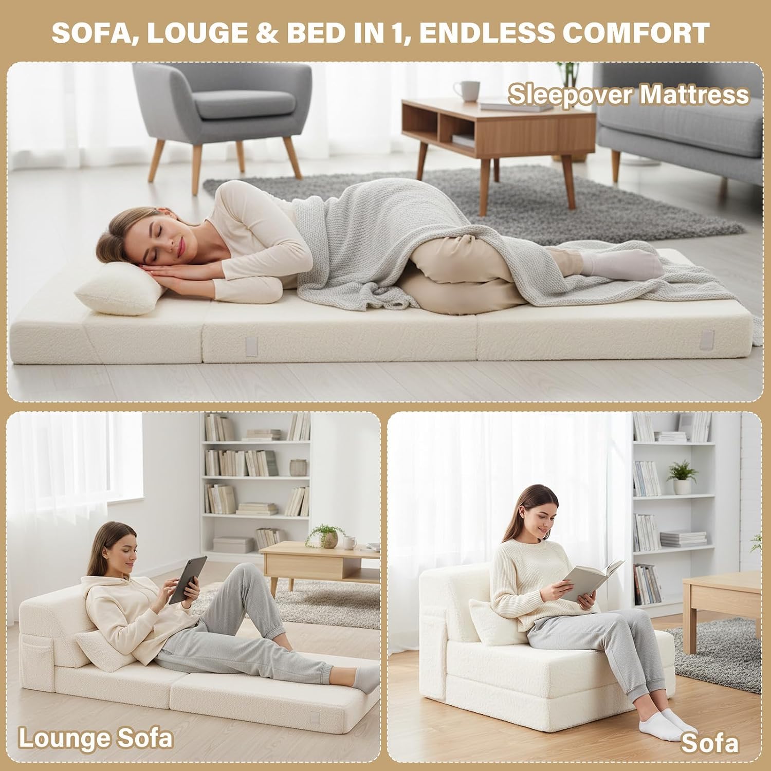 Tiita Convertible Folding Sofa Bed Single Size for Adults with Pillow, Plush Fabric Floor Mattress Couch Bed, Washable Cover & Side Pocket, Guest Room, Dorm, Apartment, Living Room, Beige