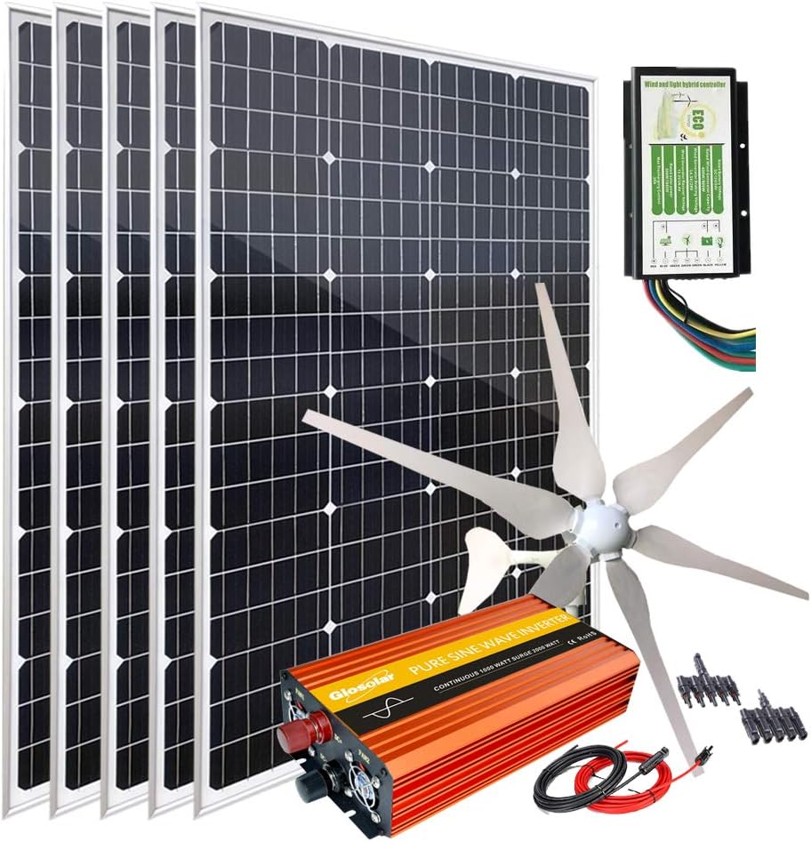 1000 Watt 12 Volt Wind Solar Kit with 400W Wind Turbine Generator + 600W Monocrystalline Solar Panel + Hybrid Charge Controller + 1000W Peak 2000W Power Inverter