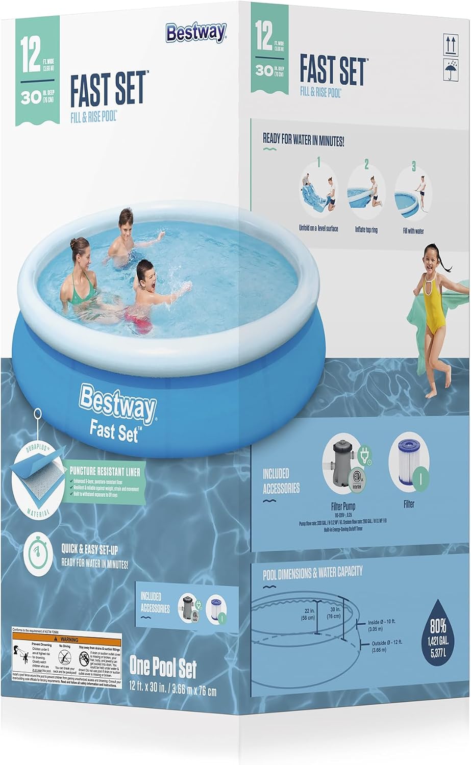 Bestway Fast Set 12 Foot x 30 Inch Round Inflatable Ring Above Ground Swimming Pool Set Easy Setup Backyard Outdoor Family Pool with Filter Pump