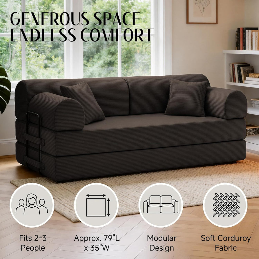78.8' Convertible Sofa Bed with Detachable Arm Pillow, 6-in-1 Sectional Couches for Living Room, Corduroy Boneless Couch, Sleeper Loveseat Couch Bed, No Assembly, Brown Couch