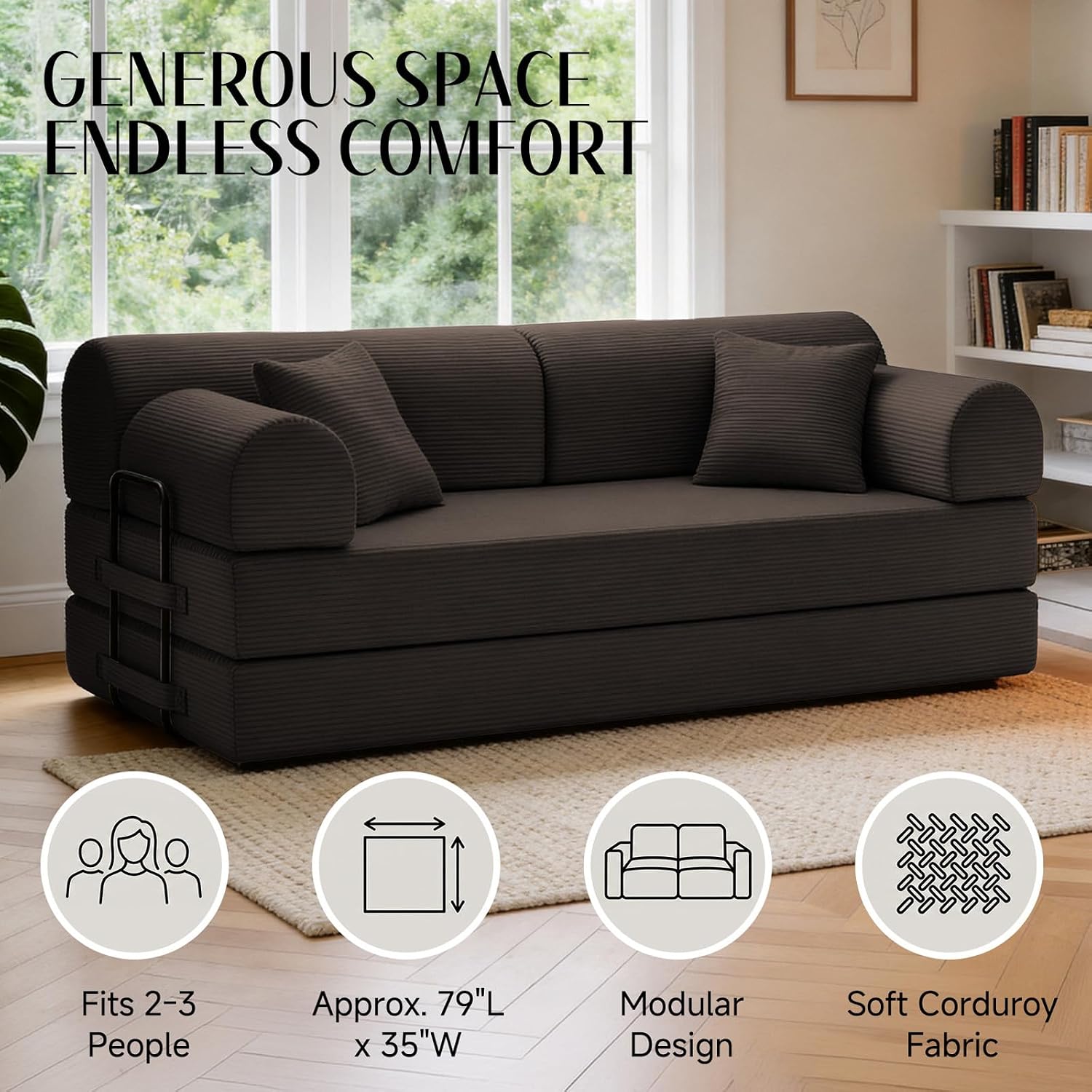 78.8' Convertible Sofa Bed with Detachable Arm Pillow, 6-in-1 Sectional Couches for Living Room, Corduroy Boneless Couch, Sleeper Loveseat Couch Bed, No Assembly, Brown Couch