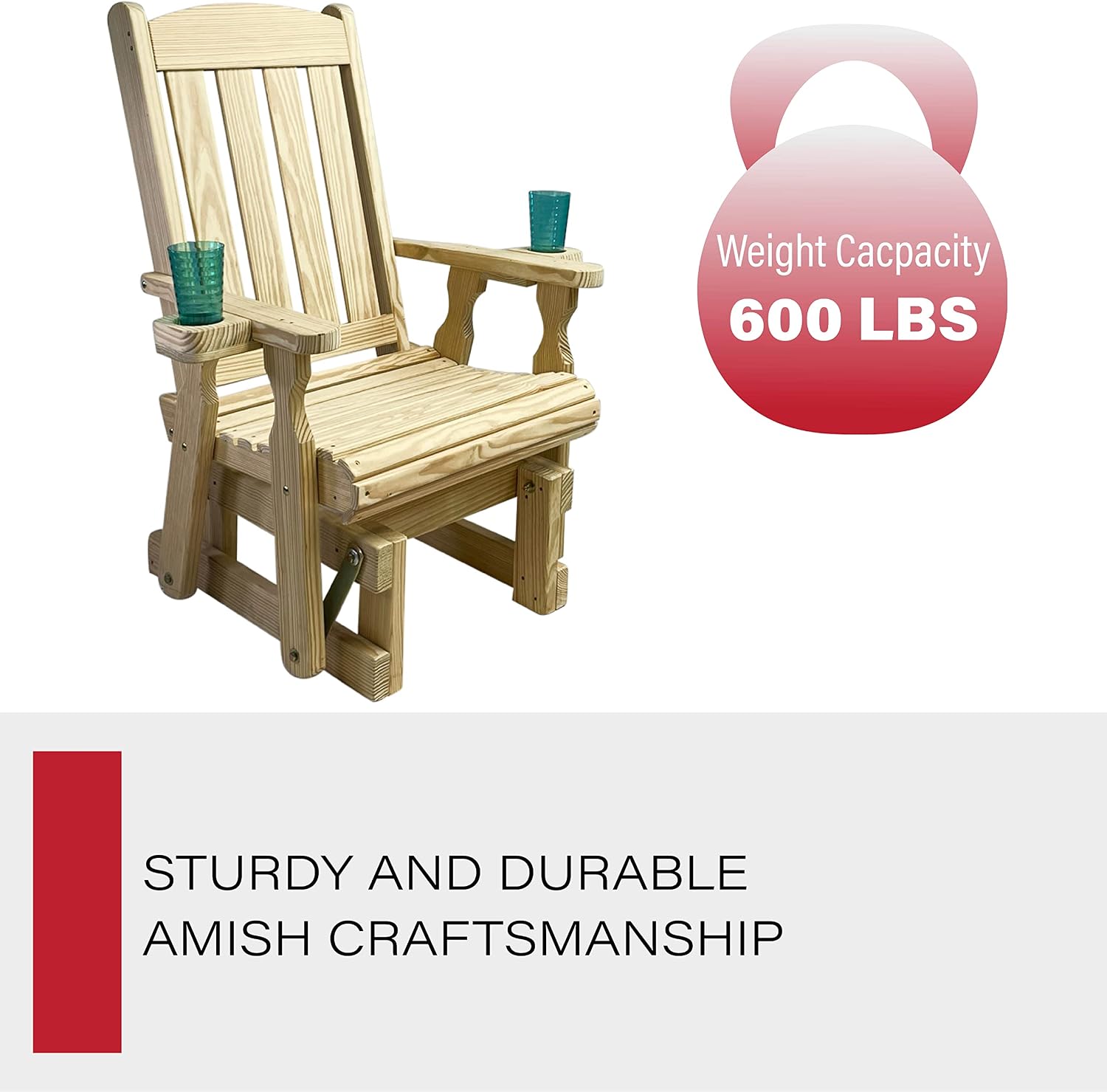 Amish Casual Heavy Duty 600 Lb Mission High Back Treated Glider Chair with Cupholders (Unfinished)