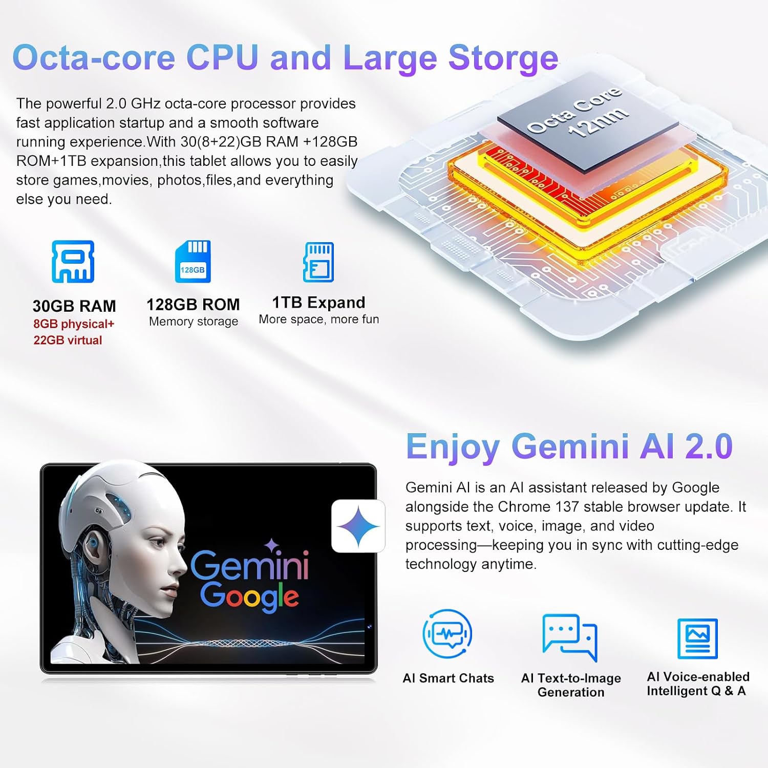 2026 Tablet 10 inch Android 15 Tablets 30GB RAM 128GB ROM 1TB Expand, 8000mAh Octa-Core Tablet with Drop-proof Case, Gemini AI, HD IPS Display, GPS, 5G WIFI, Split-screen, Widevine L1 -Metal Blue
