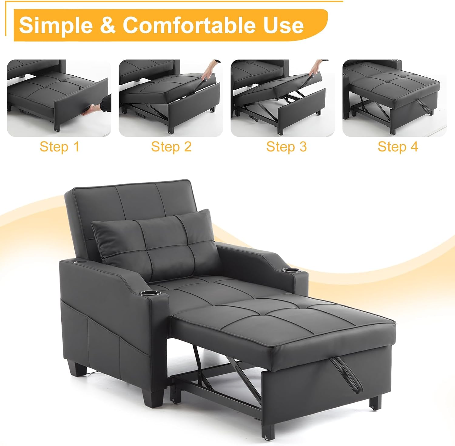 Karl home Sleeper Chair Convertible Sofa Bed with USB/Type C Ports 3-in-1 Pull Out Sofa Bed Adjustable Reading Chair with Cup Holders, PU Leather Black