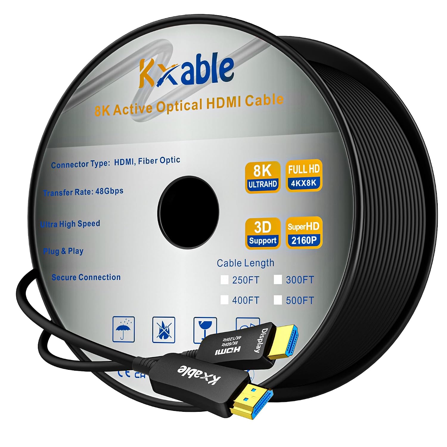 8K HDMI Fiber Optic Cable 500FT, HDMI 2.1 48Gbps Ultra High Speed Cord, 8K@60Hz, 4K@120Hz, 3D Dynamic HDR/eARC/HDCP 2.3, Compatible with Laptop/Monitor/Projector, PS5, Xbox, HDTV, Blu-ray & More