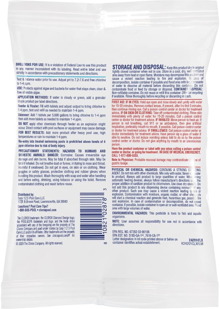 Clorox® Pool&Spa™ XtraBlue 3' Swimming Pool Chlorinating Tablets, 44 Individually Wrapped Tablets, Kills Bacteria & Stops Algae (16.5 LB)