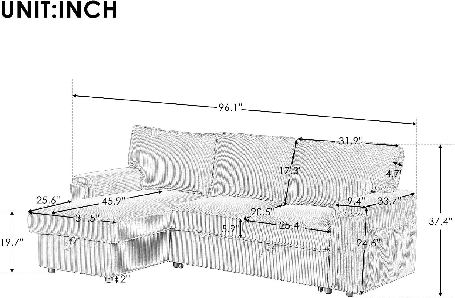 LUMISOL 96' Convertible Sectional Sofa with Pull Out Bed, Corduroy L-Shaped Sofa Bed with Storage Chaise, Sectional Sleeper Sofa with Cup Holders & Pockets for Living Room, Gray