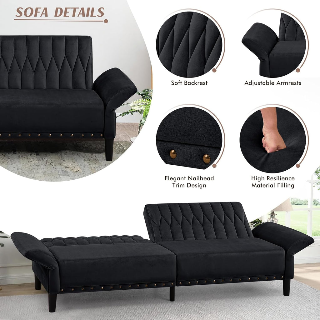 77 Inches Velvet Sofa Bed w/Adjustable Backrests & Armrests, Convertible Sleeper Sofa w/Nailhead Trim, Modern Loveseat Couch with Sturdy Legs for Living Room,Office,Black