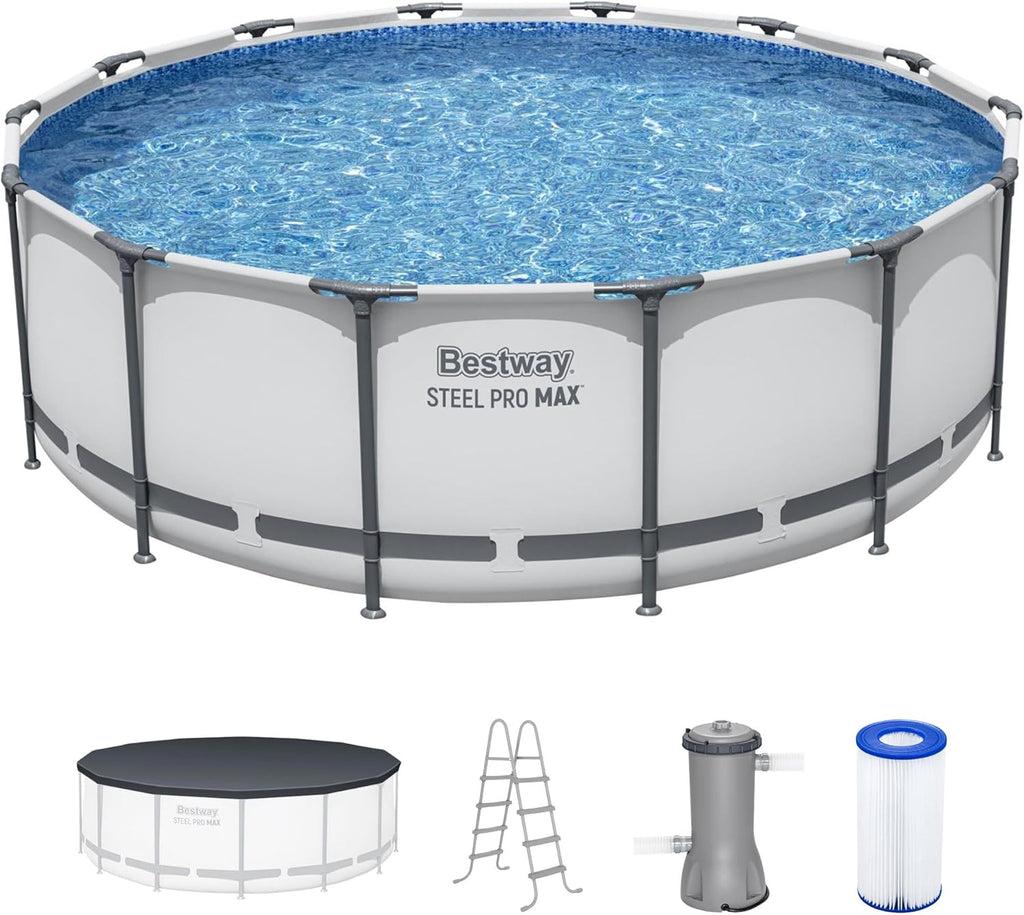 Bestway Steel Pro MAX 14' x 48' Above Ground Pool, Round Metal Frame Outdoor Swimming Pool Set with Filter Pump, Ladder, and Cover, Gray