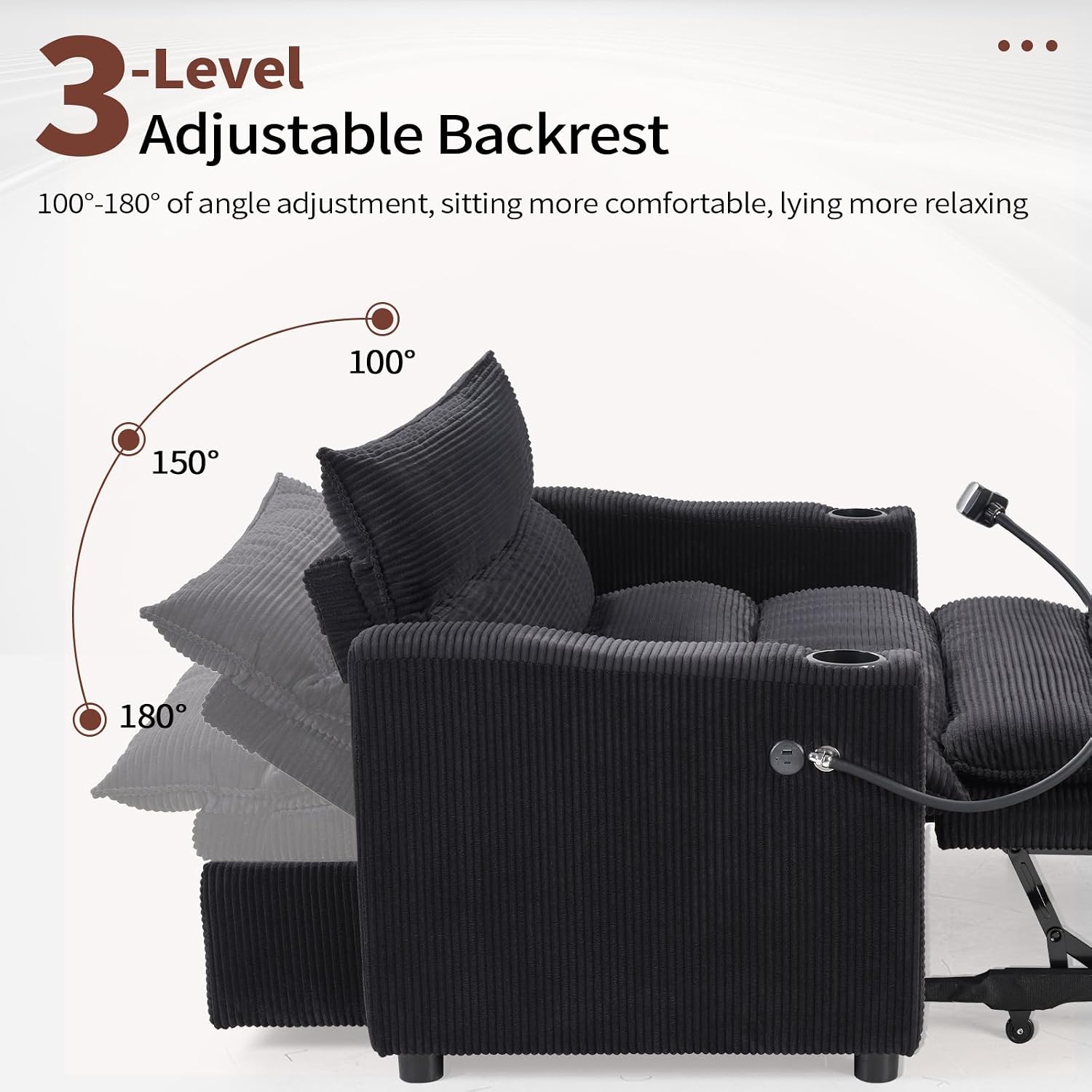 HAOMARKETS 3-in-1 Convertible Loveseat Sleeper Sofa Bed, 2-Seat Pull Out Couch with Cup Holders, Phone Holder and USB Ports, Corduroy 3-Level Adjustable Backrest Couches for Living Room, Black