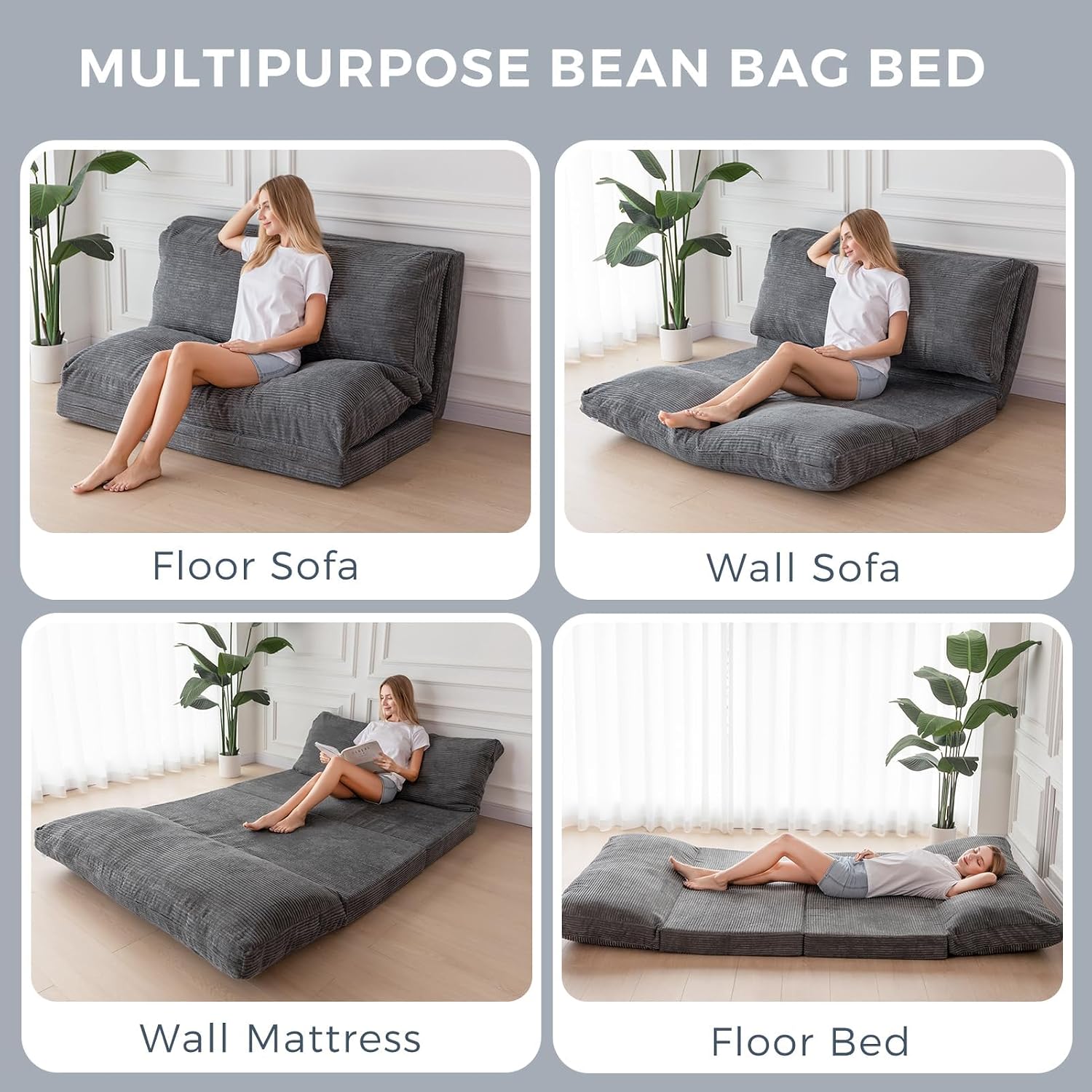 MAXYOYO Folding Sofa Bed, Extra Thick and Long Floor Sofa Convertible Sleeper Chair with Washable Cover, Floor Couch Lounge Bean Bag Bed for Living Room, Dark Grey, 39x95 Inch