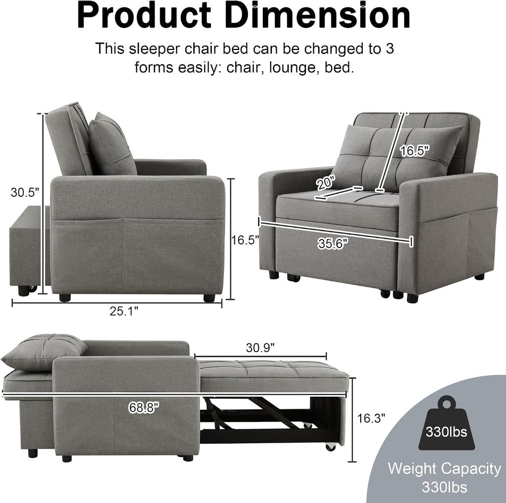 Yosonch Sofa Bed Chair Convertible ，Sleeper Sofa with Pull-Out Bed ，3-in-1 Futon Couch with Reclining Backrest and Side Pocket (Dark Grey, 35.6')
