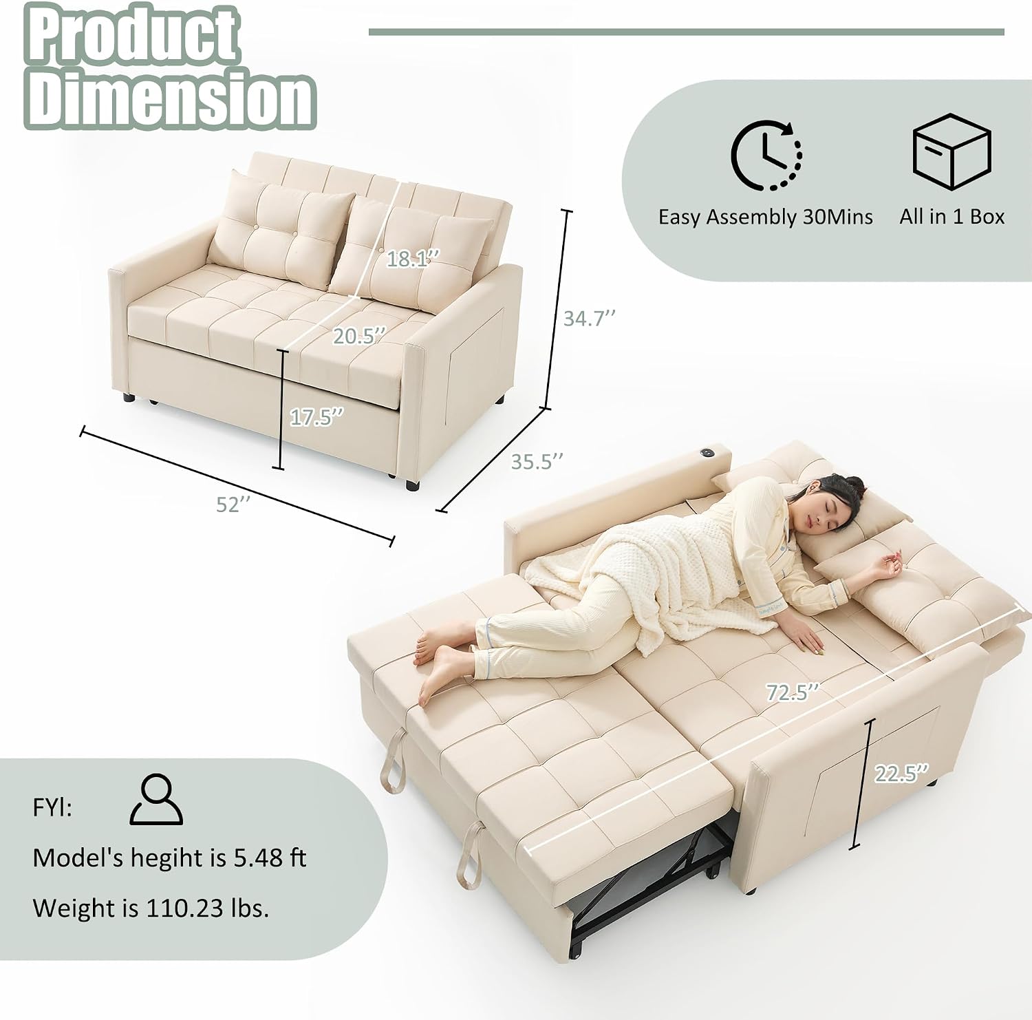GOSUHI 52' Sleeper Sofa with Pull-Out Bed, 3-in-1 Convertible Sofa Bed, Set of Loveseat with Stepless Adjustable Backrest and Side Pocket, for Living Room Dorm Apartment, Linen, Beige