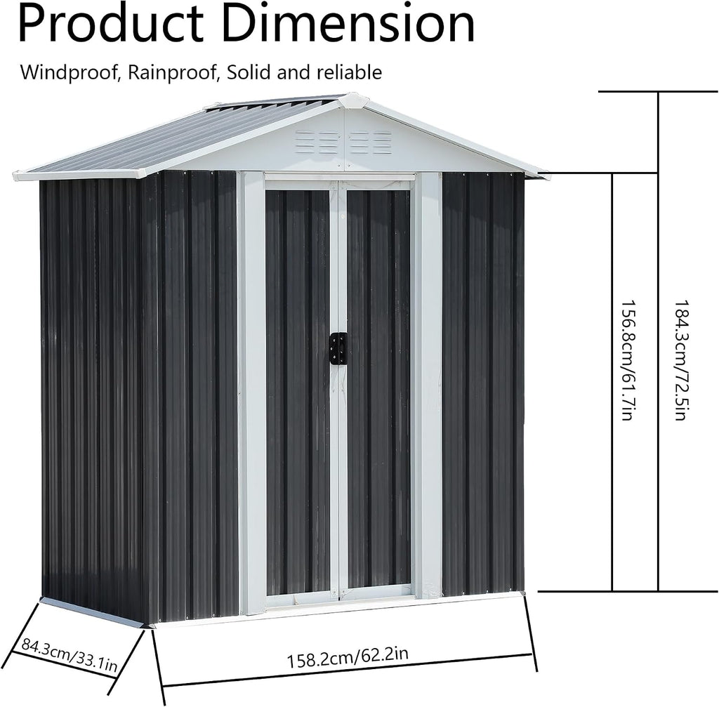 KEIKI 5x3FT Outdoor Storage Shed, Heavy-Duty Metal Storage Shed with Floor & Lockable Sliding Doors, Waterproof Tool Sheds for Garden, Backyard, Patio, Lawn