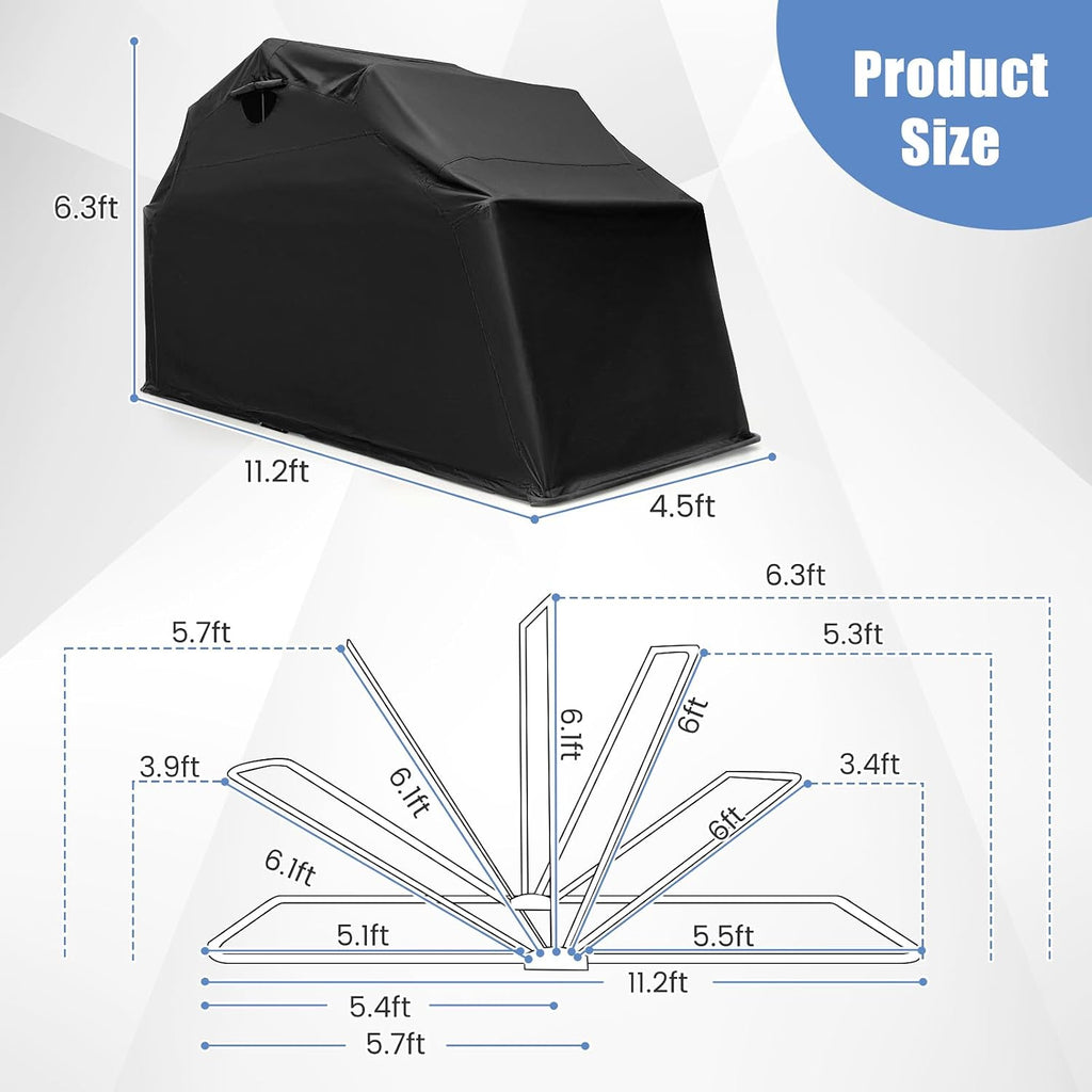 Tangkula Motorcycle Shed - Waterproof Garage with 600D Oxford Cover, Ventilation Window, Heavy Duty Storage for Motorbike, Scooter, Vehicles, 136' x 54' x 75'