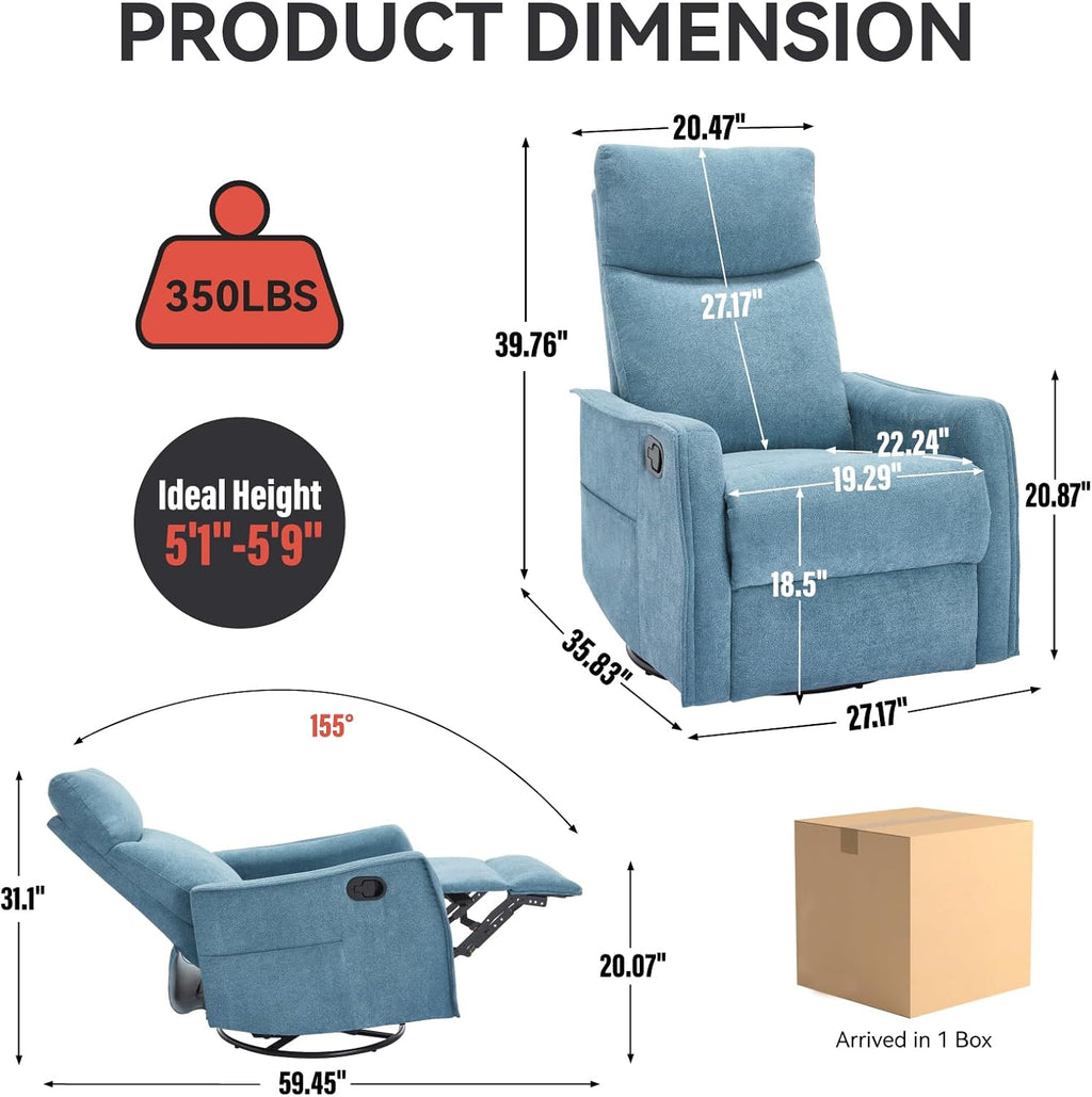 Massage Chair Recliner with Heat, 360° Swivel Glider Rocker with Reclining Backrest and Footrest, Manual Lazy Boy Recliners for Adults, Modern Nursery Rocking Chairs (Blue)