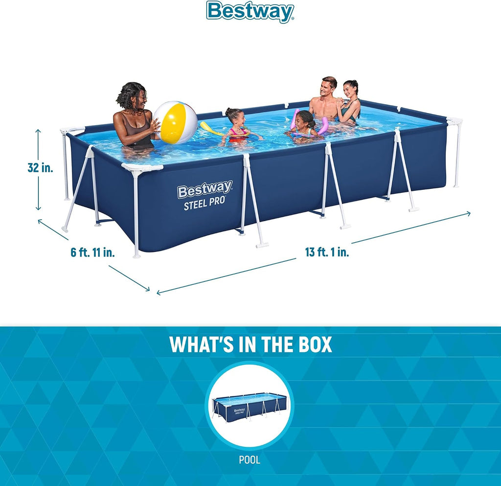 Bestway Steel Pro 13 Foot x 32 Inch Rectangular Above Ground Outdoor Pool Steel Framed Vinyl Swimming Pool with 1,506 Gallon Water Capacity, Blue