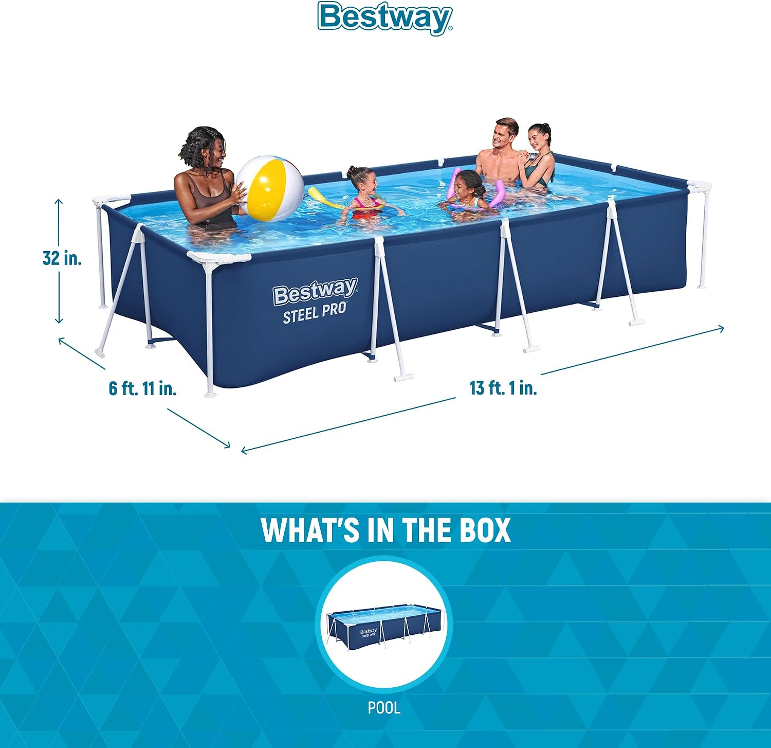 Bestway Steel Pro 13 Foot x 32 Inch Rectangular Above Ground Outdoor Pool Steel Framed Vinyl Swimming Pool with 1,506 Gallon Water Capacity, Blue