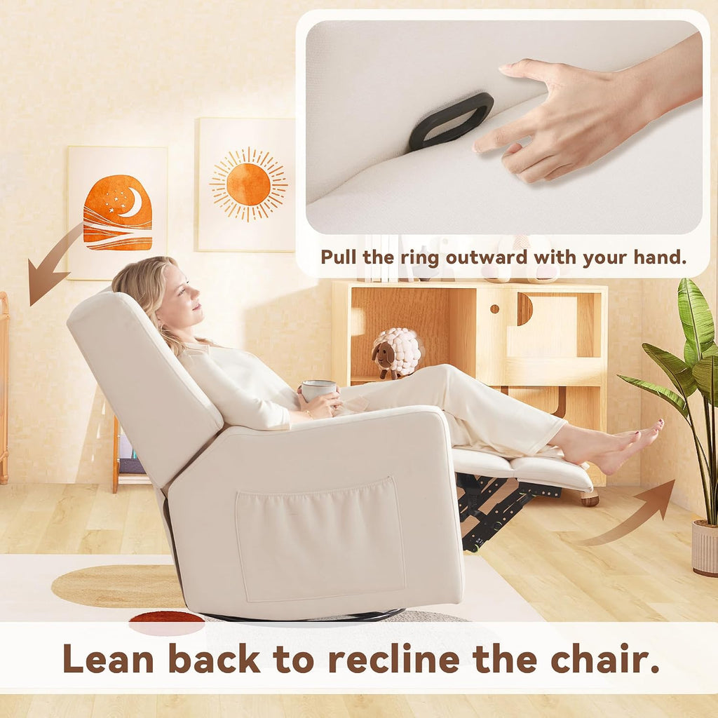 Tbfit Nursery Rocking Chair, 360° Swivel Recliner Chair with Lumbar Support for Bedroom, Comfy Upholstered Armchair with Pillows & Footrest for Living Room & Baby Room