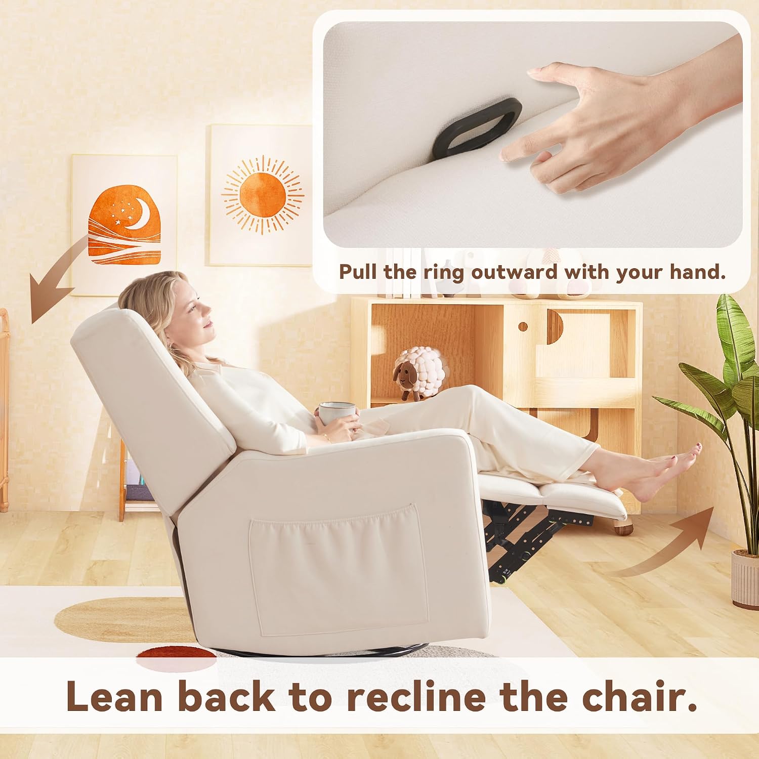 Tbfit Nursery Rocking Chair, 360° Swivel Recliner Chair with Lumbar Support for Bedroom, Comfy Upholstered Armchair with Pillows & Footrest for Living Room & Baby Room