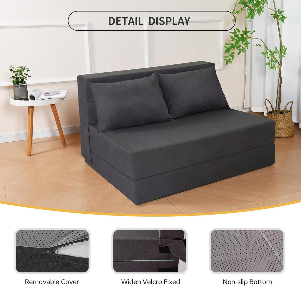 Fvkind Folding Sofa Bed, Foldable Bed Sleeper Chair with Pillow, Convertible Sofa Bed with Washable Cover, Fold Out Couch, Futon Sofa Bed for Living Room, Dorm, Guest Room, Standard Size, Dark Grey