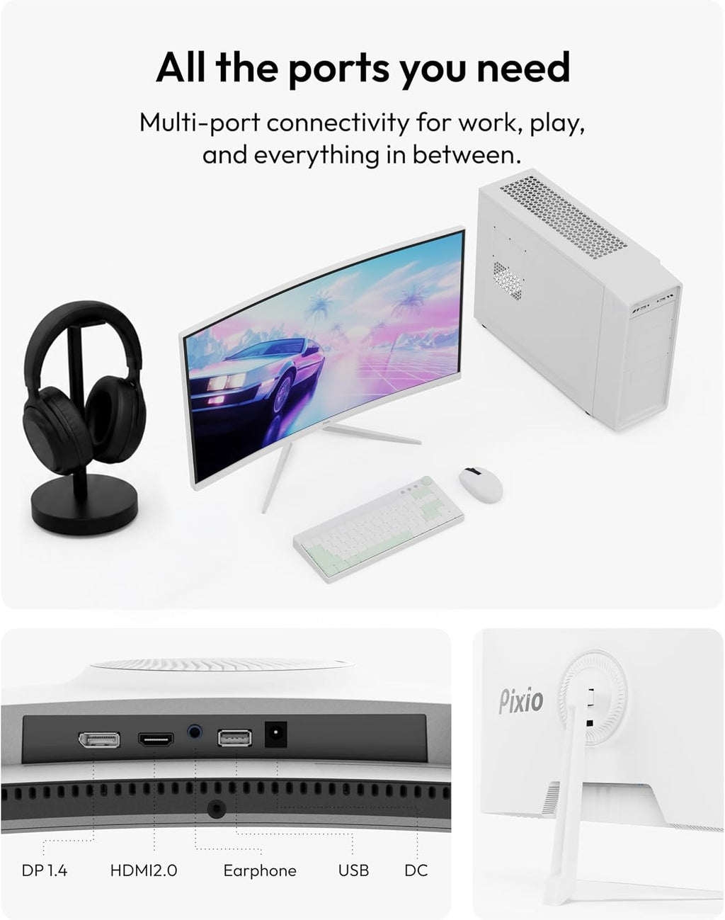 Pixio PXC248 Wave White 24 inch 200Hz Refresh Rate FHD 1080p Resolution 1500R Curve Fast VA Panel 1ms GTG Response Time Adaptive Sync HDR Curved Gaming Monitor