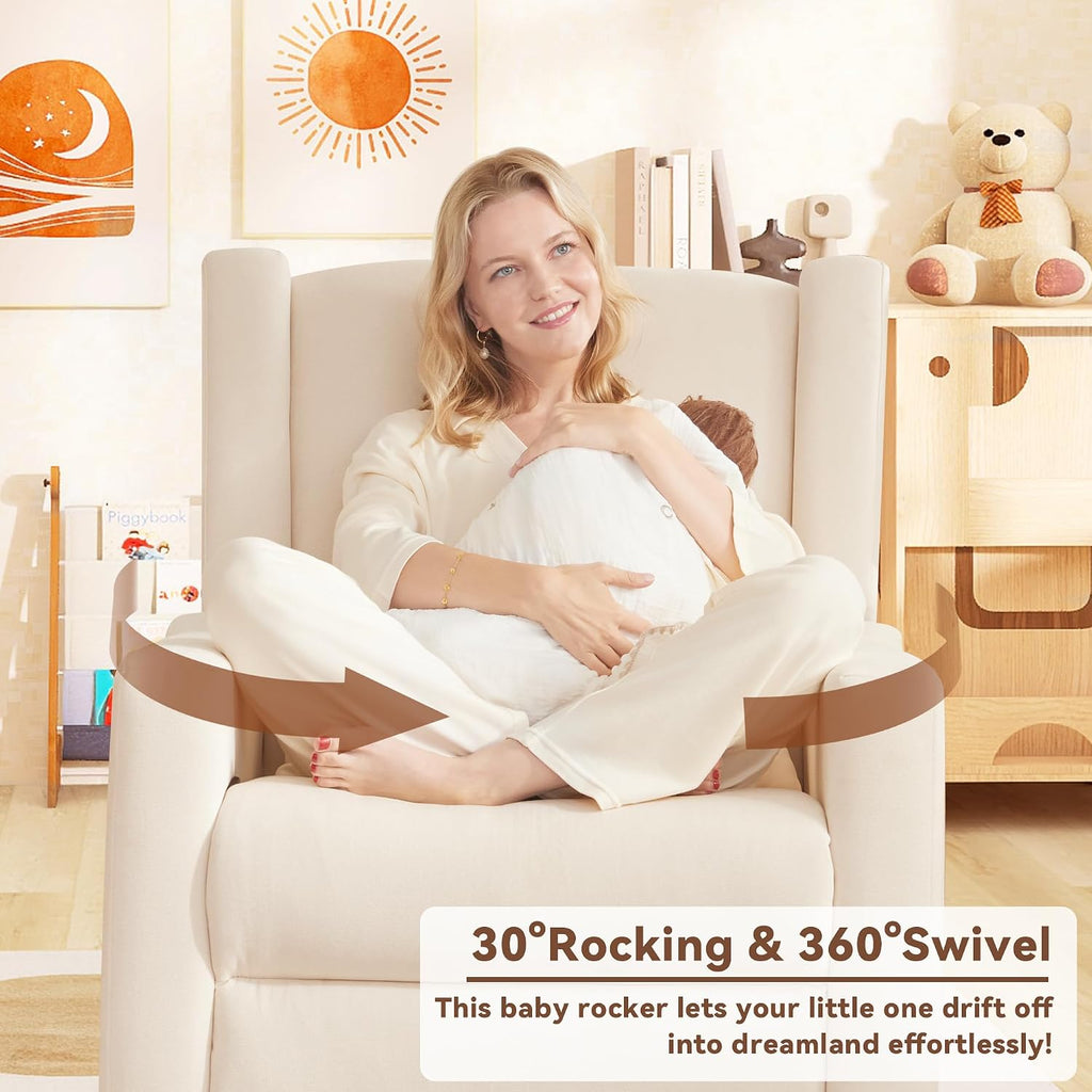 Tbfit Nursery Rocking Chair, 360° Swivel Recliner Chair with Lumbar Support for Bedroom, Comfy Upholstered Armchair with Pillows & Footrest for Living Room & Baby Room