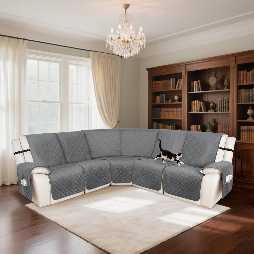 HDCAXKJ 100% Waterproof Velvet Recliner Sectional Couch Covers L Shaped Corner Reclining Sofa Cover Washable Thick Non Slip Sectional Slipcover with Pockets (5 Seat Recliner Couch, Dark Gray)