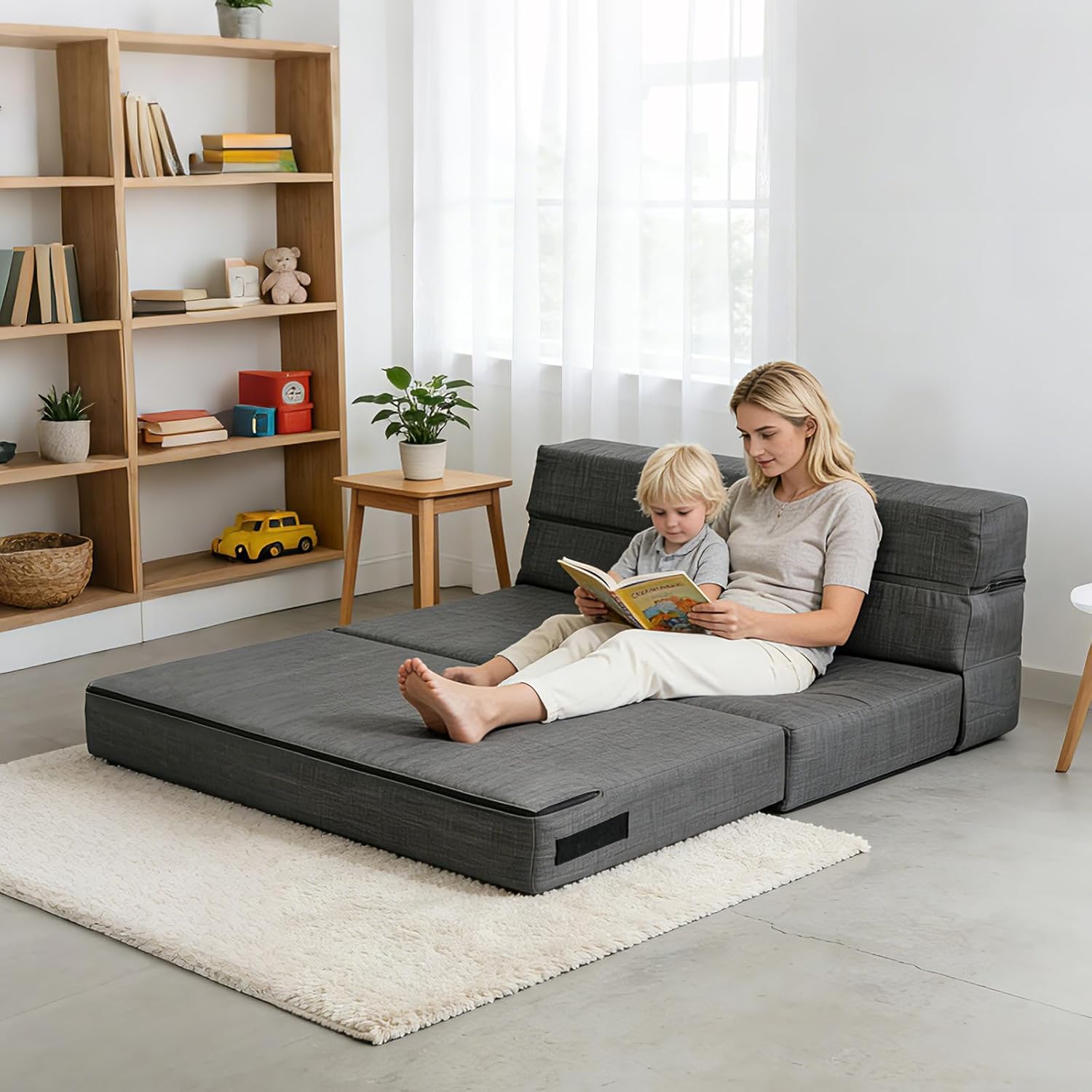 ANONER 60' Fold Sofa Bed Couch Memory Foam with 2 Pillows Futon Sleeper Chair Guest Bed and Fold Out Couch, Washable Cover Queen Size, Dark Gray