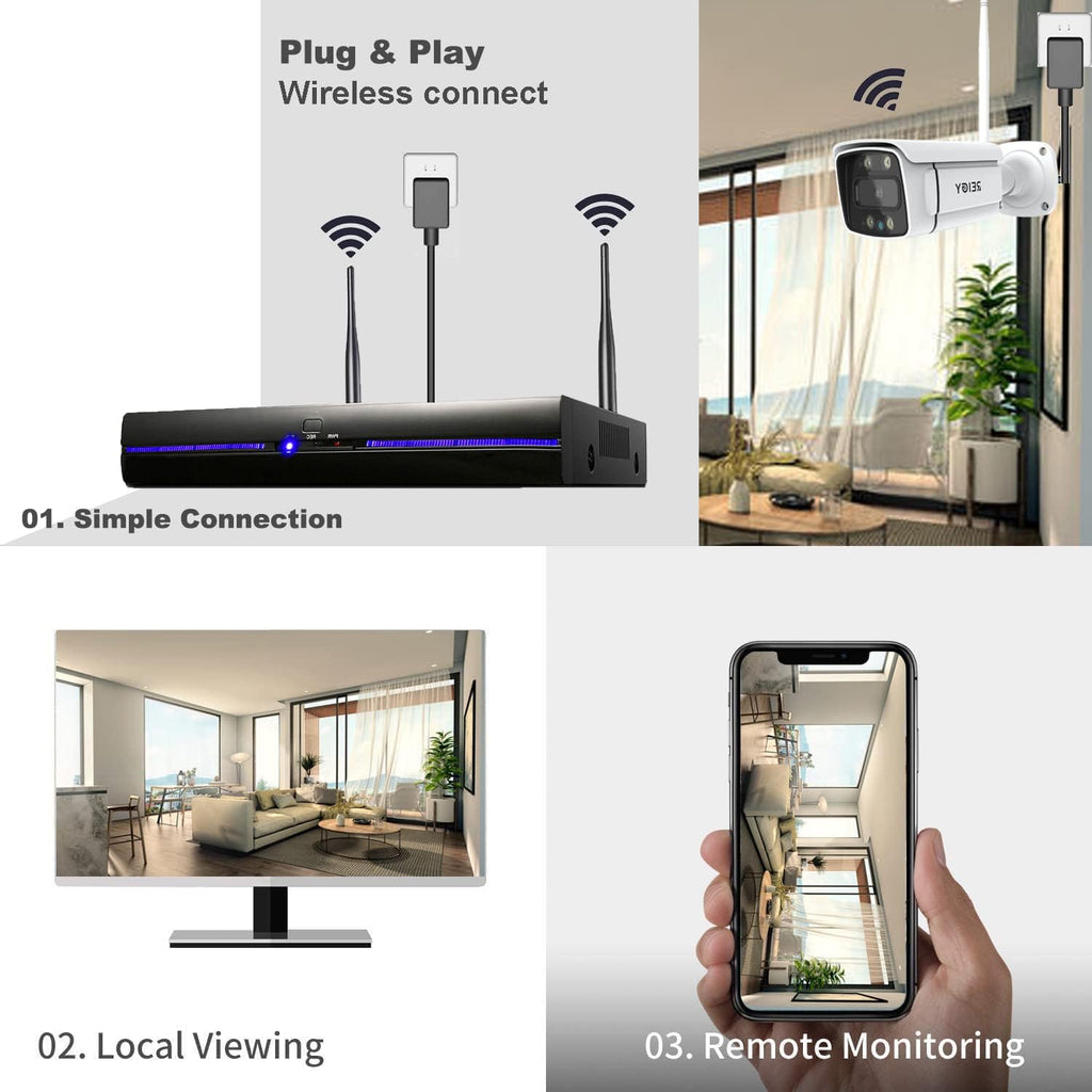 REIGY 3MP WiFi Security Camera System with Floodlight Without Hard Drive, 2K Outdoor Home Surveillance Set 8CH 5MP NVR + 4X 1296P IP Cam, 2-Way Audio Remote View Color Night Vision Motion Detection