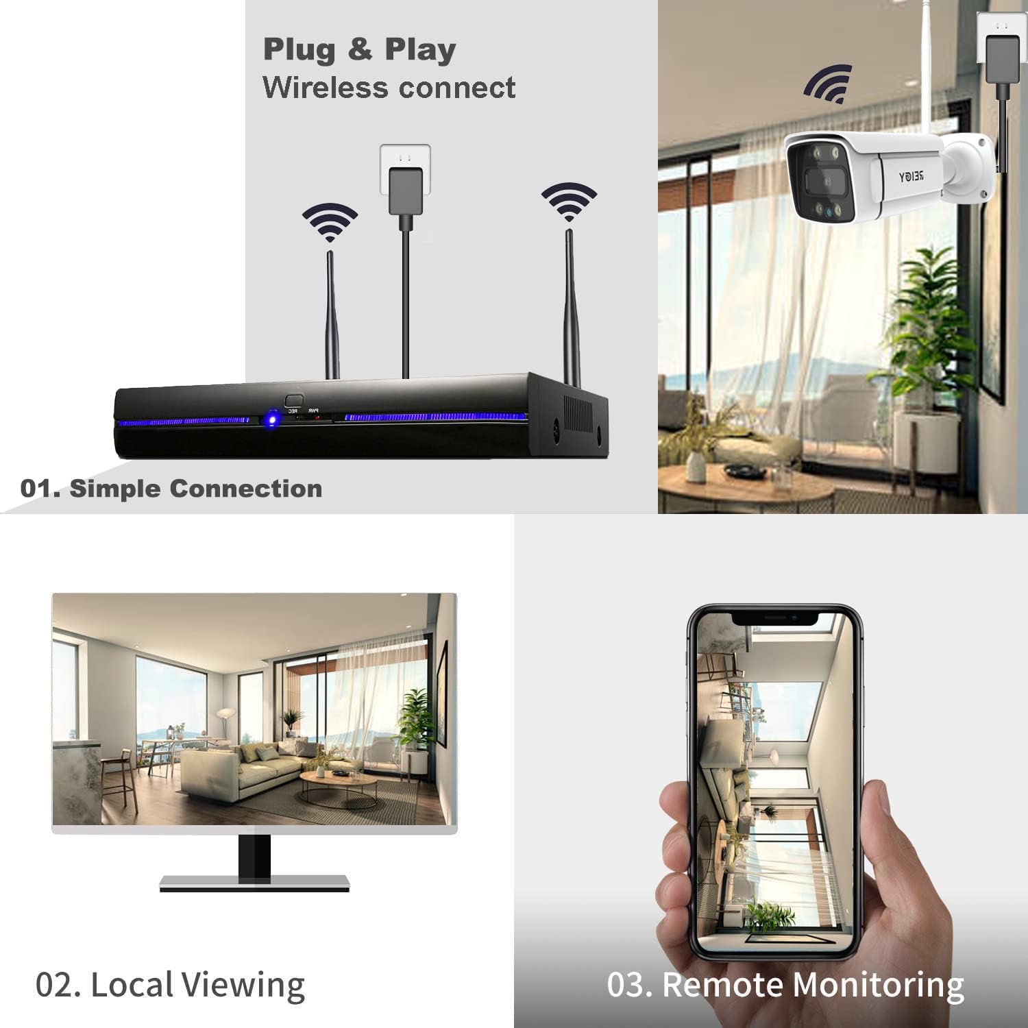 REIGY 3MP WiFi Security Camera System with Floodlight Without Hard Drive, 2K Outdoor Home Surveillance Set 8CH 5MP NVR + 4X 1296P IP Cam, 2-Way Audio Remote View Color Night Vision Motion Detection