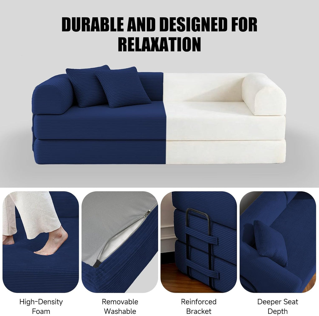 79' Compressed Sofa, Convertible Sofa Bed, Corduroy Compression Boneless Couch with Pillow, Comfy Modular Foldable Floor Sleeper Sofa for Bedroom, Living Room, Lounge, Studio (Dark Blue)