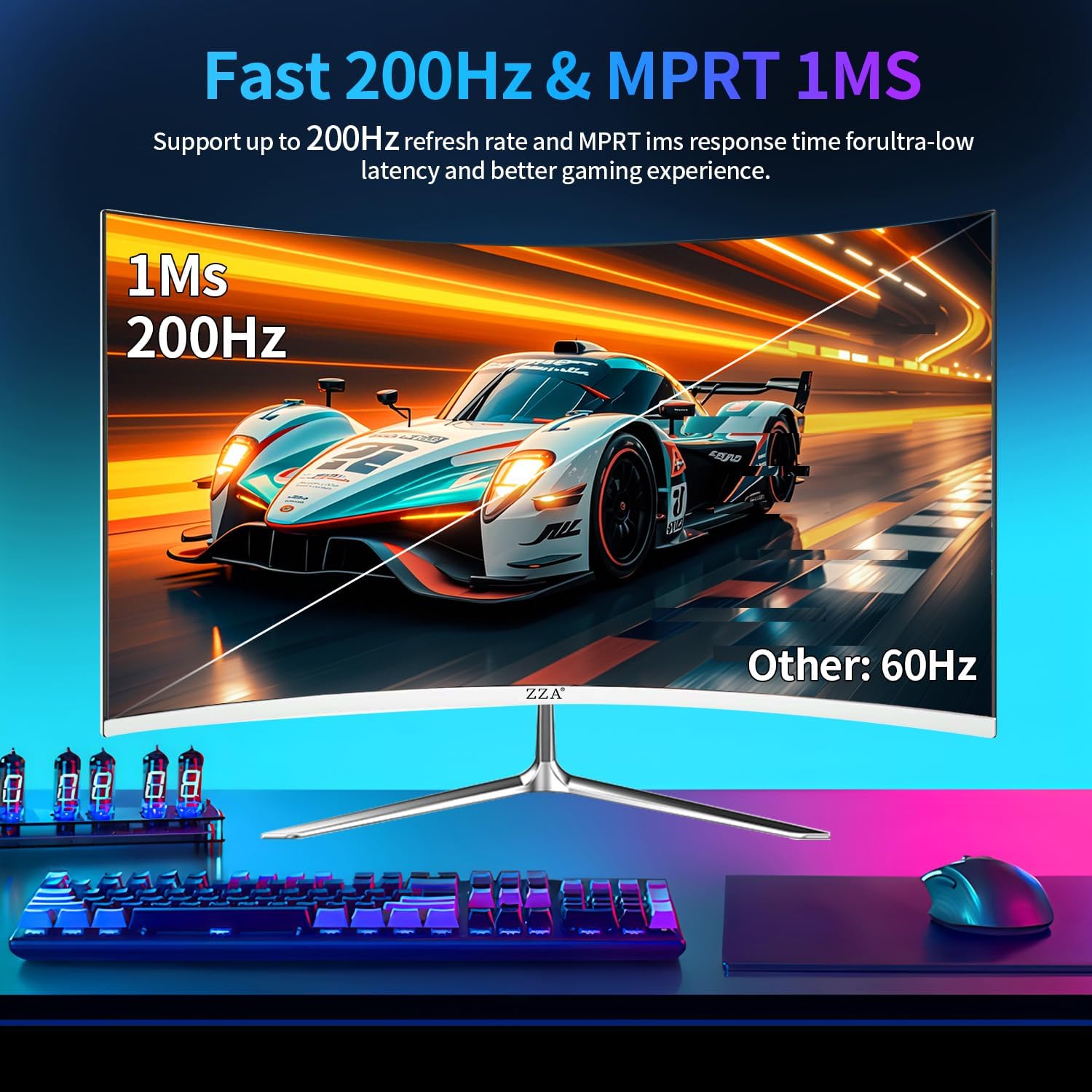 ZZA 27' Curved Gaming Monitor, Full HD(1920x1080P) VA Panel 1800R Computer Monitor,200HZ CP Screen,100% sRGB,3Sides Frameless, Flicker-Less,Blue Light Filter, for Office & Gaming