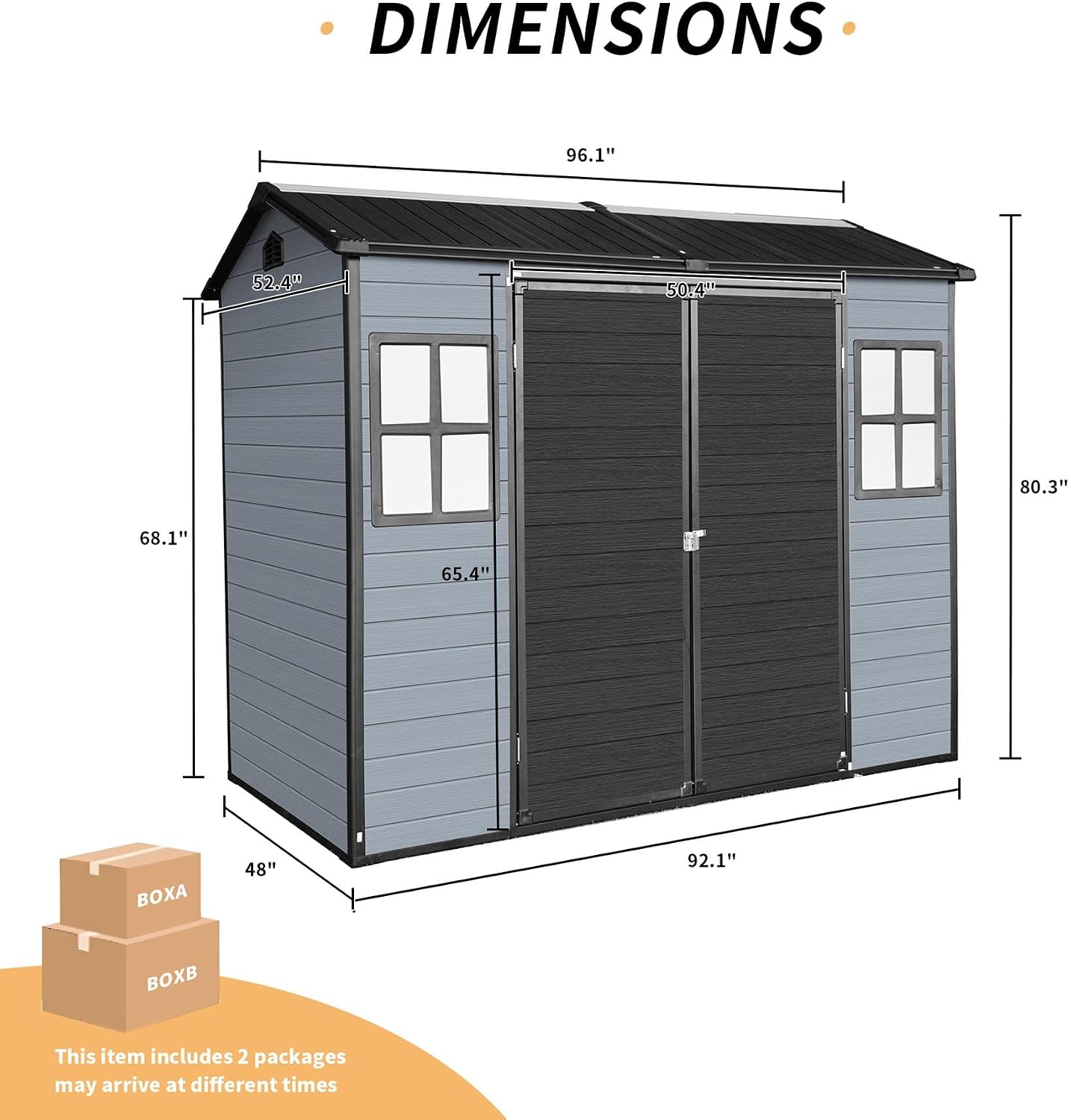 8x4FT Resin Outdoor Storage Shed with 2 Windows, Outdoor Storage Shed with Floor Lockable Door for Garden Tools, Bicycles, Trash Cans, Gray+Black (8x4 FT Steel)