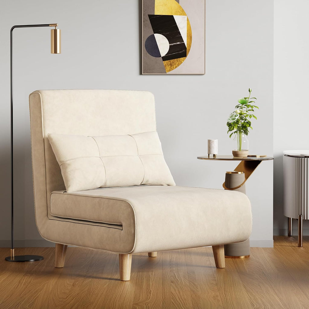 Aiho Futon Sofa Bed, 3-in-1 Convertible Sleeper Chair Bed, Futon Chair with 6-Level Adjustable Backrest and Pillow for Guest Room Apartment Dorm, Velvet Beige