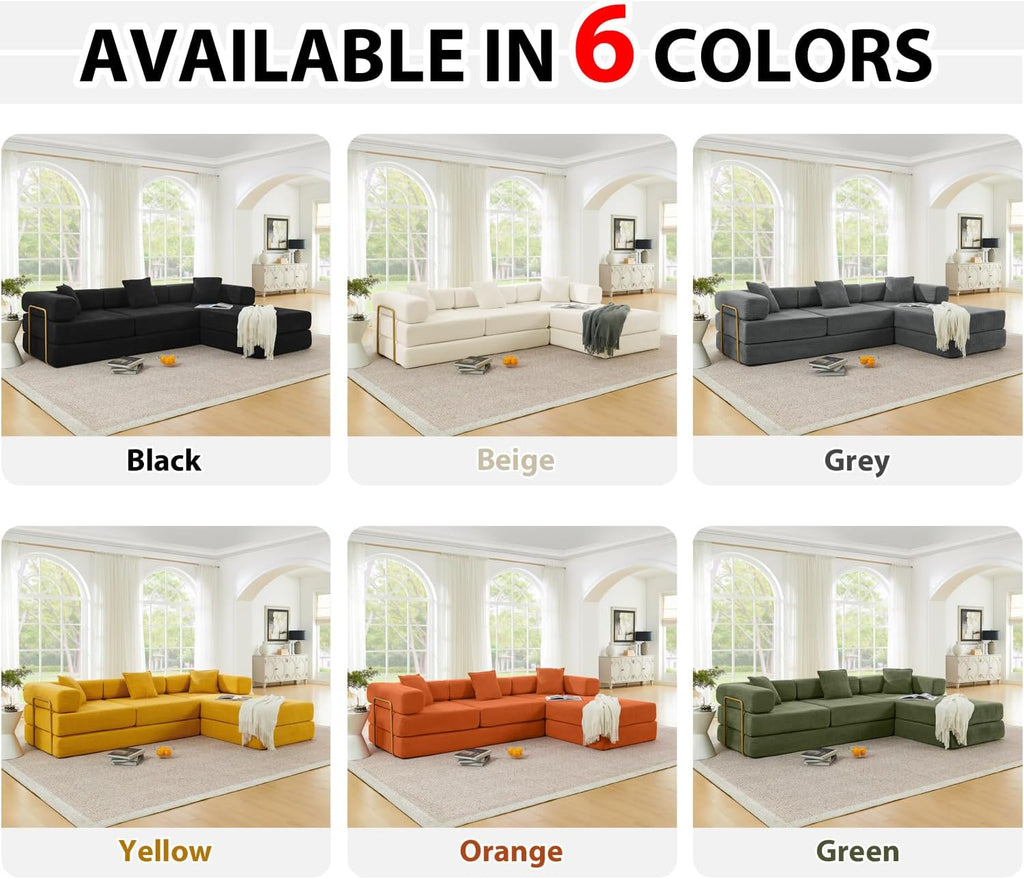 HANXIN 108' Modular Sectional Sofa, Futon Convertible Sofa Bed,Oversized Corduroy Boneless Couch for Living Room,Floor Loveseat Sleeper with Pull Out Bed,Free Combination,No Assembly Required (Beige)
