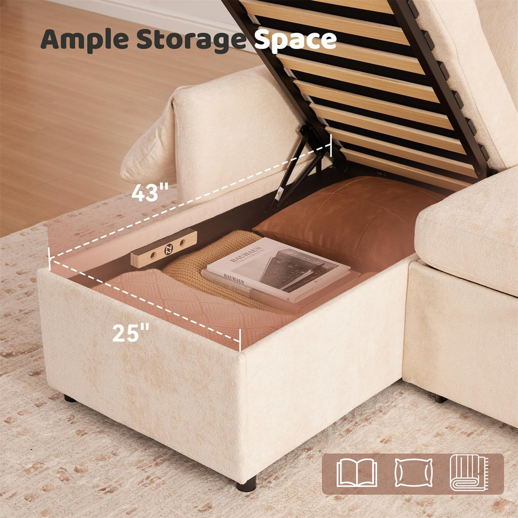 Tbfit 83'' 3 in 1 Sleeper Sofa Couch with USB & Storage Chaise, Cloud Sofa Bed with Pull Out Bed, Chenille Convertible Sleeper Sofas for Living Room, Small Spaces, Beige