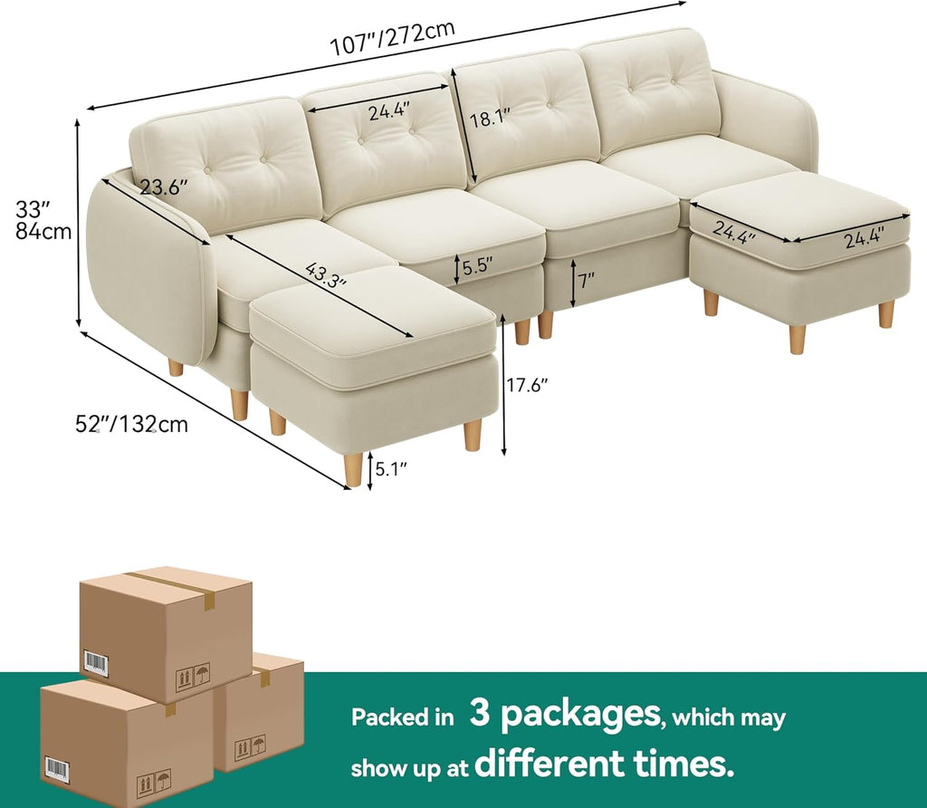 YITAHOME 108' Convertible U-Shaped Couch, 6-Seat Modular Sectional Sofa with Curved Armrests and 4 Pillows, High-Density Memory Foam for Living Room