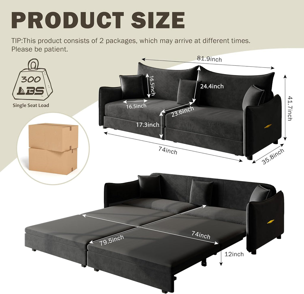 KEIKI 81.9' Sleeper Sofa, 3-in-1 Pull Out Couch Bed with Premium Velvet Upholstery, Perfect for Movie Nights, Overnight Guests, and Modern Home Decor