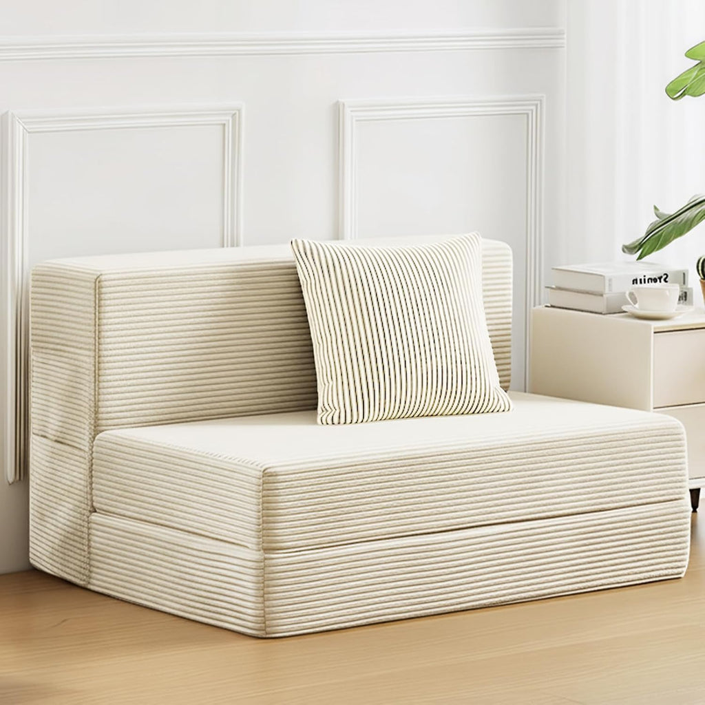 JKMAX Twin Size Folding Sofa Bed - 4 in 1 Convertible Sleeper Chair with Pillow - High Density Memory Foam Futon Couch - Foldable Bed for Living Room Bedroom (Beige)