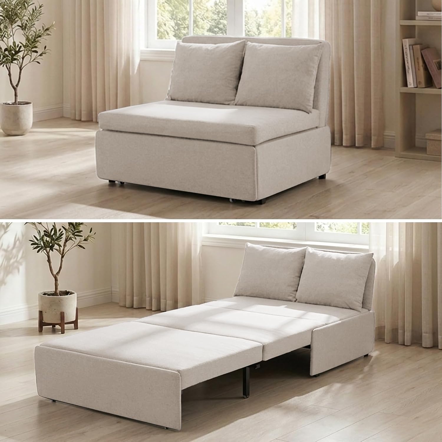 BALUS 43' W Twin Size Pull Out Sleeper Sofa Bed Couch with Pullout Beds, 2 in 1 Convertible Linen Sleepers Single Sofas Chair with Pillows and Foldable Mattress for Small Space Apartment Loft, Beige