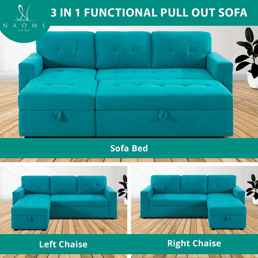 Naomi Home L Shaped Sectional Couch with Storage & Pull Out Bed – 3-in-1 Convertible Sleeper Sofa Bed, Small L Shape Sofa for Living Room, Sofa Bed with Storage Chaise in Teal, Velvet